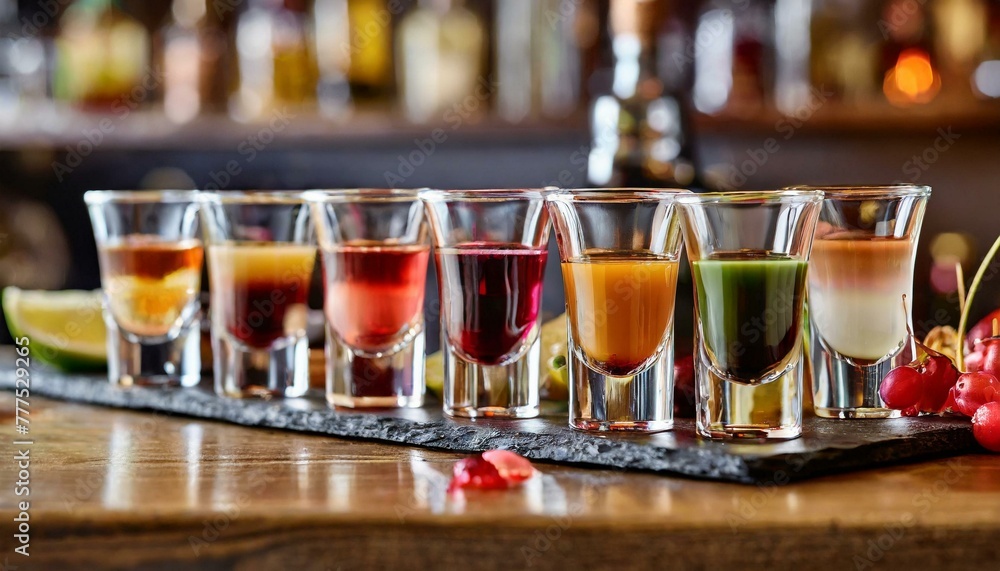 Set of colorful different bitters and liqueurs in shot glasses on bar counter. Set of colorful different bitters and liqueurs in shot glasses on bar counter.