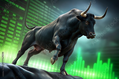 An illustration of a bull market Contains a bull on a green stock graph background for use on websites and advertisements.