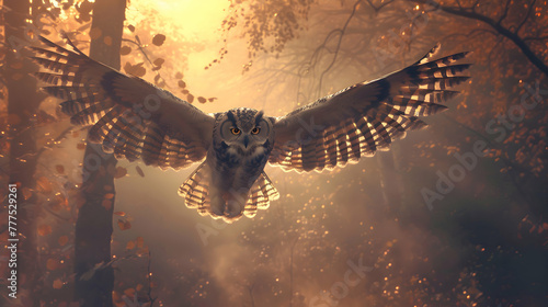 Graceful owl gracefully swooping through a misty woodland  its wings outstretched as it navigates through the ethereal haze