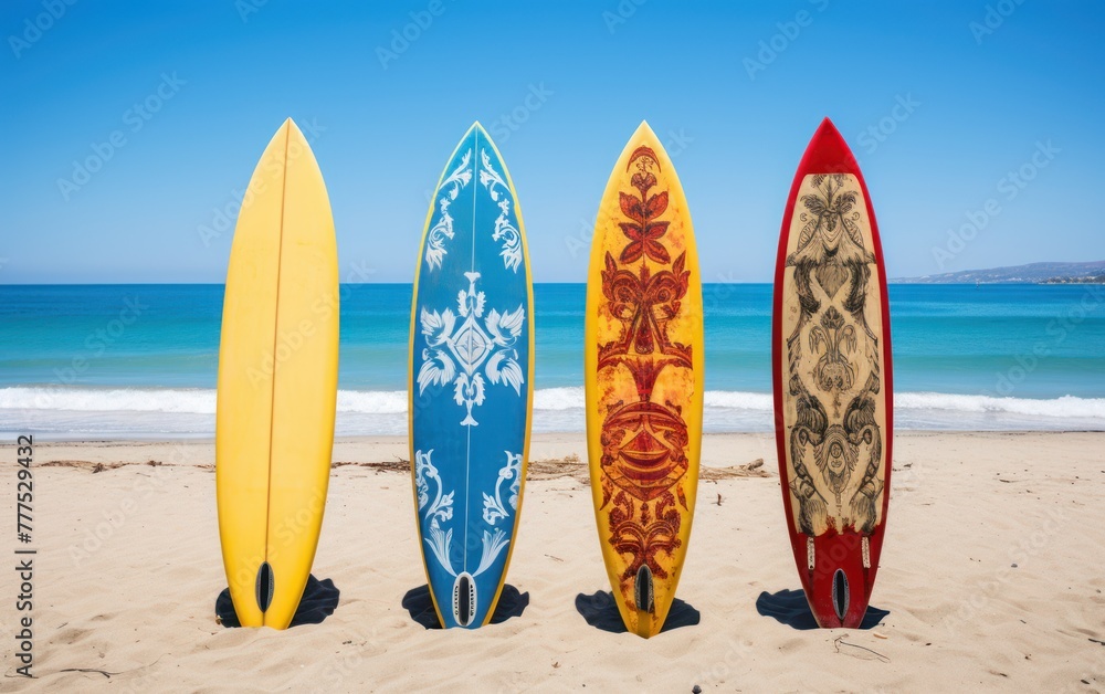 Vibrant surfboards line up on sandy beach