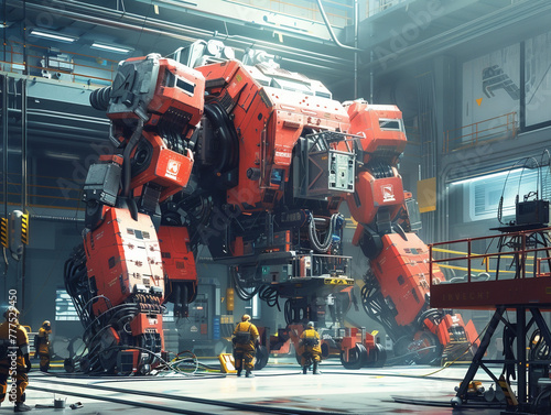 A team of engineers with AI assistants working on a giant mech robot in a high-tech hangar, preparing for a mission on a distant planethyper realistic, low noise, low texture, futuristic style photo