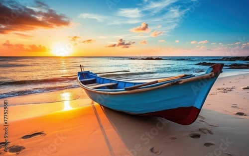 Colorful sunrise over boat at the beach
