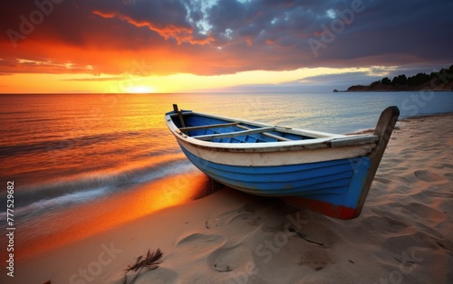 Solitary boat on shore at sunset