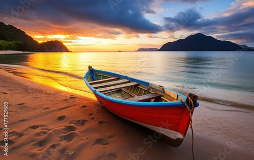 Boat resting on tranquil beach at dusk