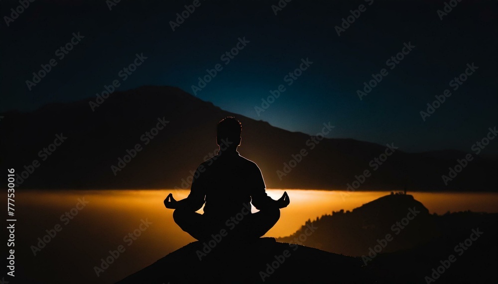 Silhouette of human sitting. Meditation in yoga. Psychology and relax