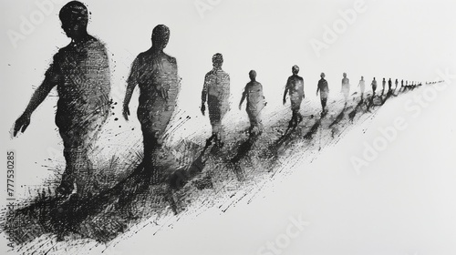 Artwork of human silhouettes in ink progressively diminishing in size