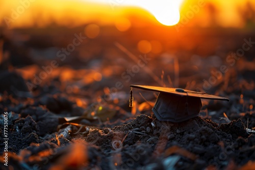 Mortarboard discarded lying on the ground its journey of knowledge ignored in solitude