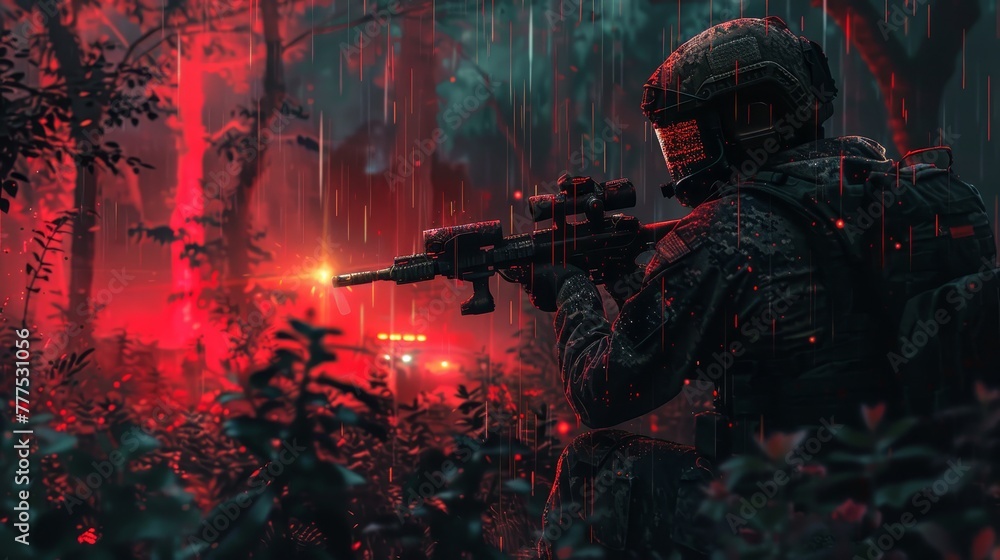 A man in a forest is holding a gun and looking at the camera. The image has a dark and ominous mood, with the man's gun and the forest setting creating a sense of danger and tension A man in a forest is holding a gun and looking at the camera. The image has a dark and ominous mood, with the man's gun and the forest setting creating a sense of danger and tension