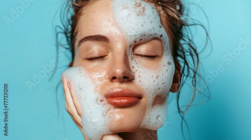 A woman with soap on her face and a blue background, AI