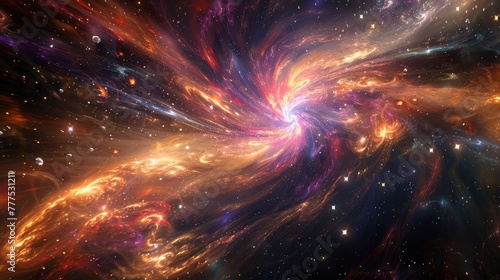 A colorful galaxy with a spiral shape. The colors are orange, red, and purple. The stars are scattered throughout the galaxy, and there are many of them. The galaxy appears to be very large and vast