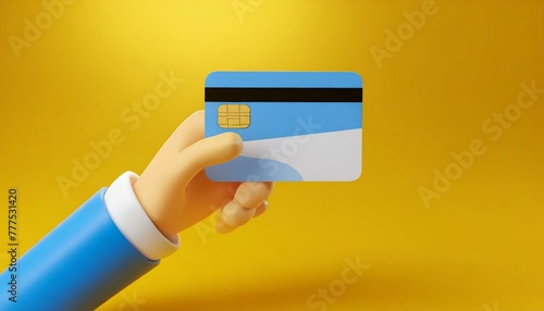 Cartoon hand holding bank credit card isolated and yellow background. 3d minimalism  © adobedesigner