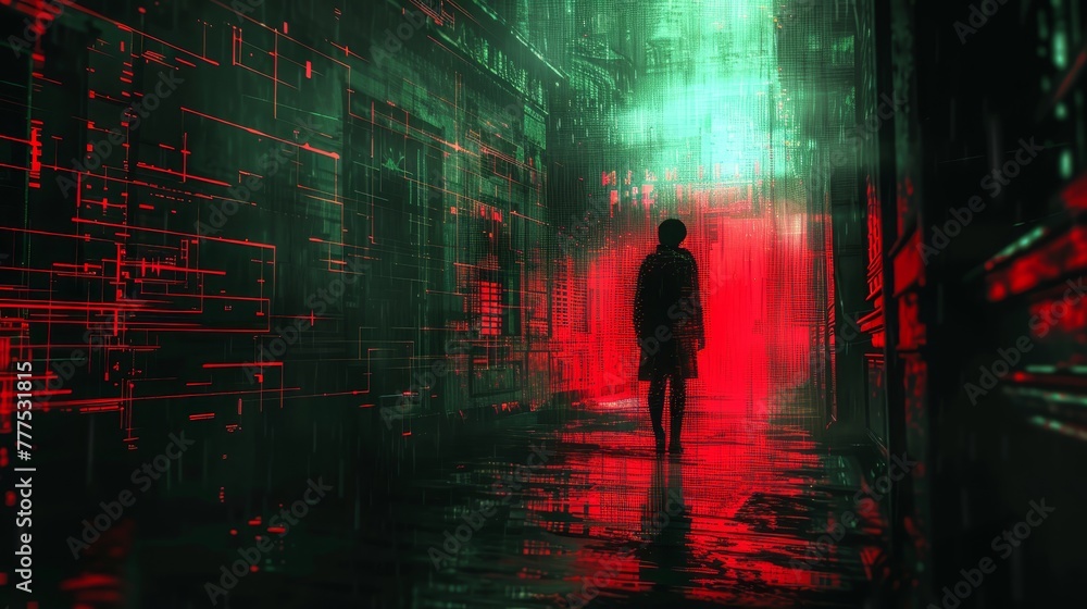 A man walks down a dark hallway with a red glow. The hallway is filled with abstract shapes and lines, giving it a futuristic and eerie feel