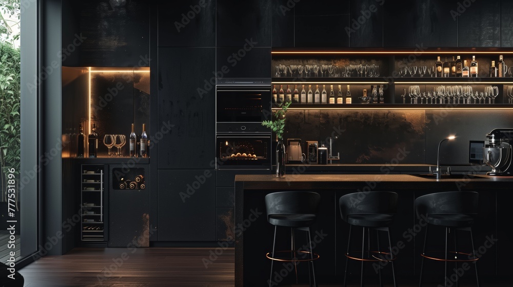 Luxurious modern kitchen interior with elegant black design and appliances. Luxurious modern kitchen interior with elegant black design and appliances.