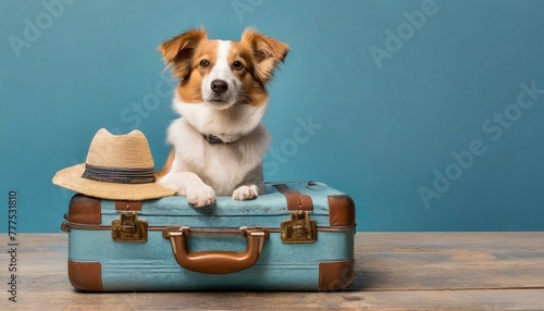 Cute dog going on vacation in a suitcase, blue background with copyspace to side
