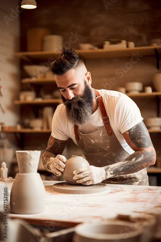 vertical image of Skilled male Artisan Crafting Ceramic Pottery on a Wheel in a Workshop