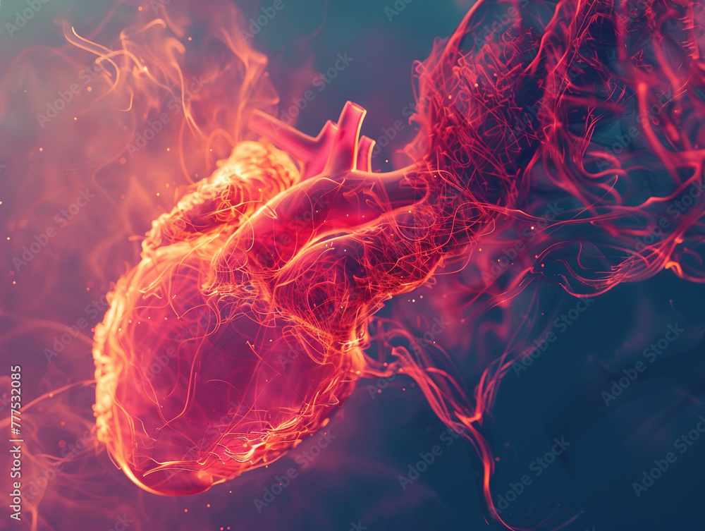 Abstract visualization of a heart beating, with pulsating reds and ...