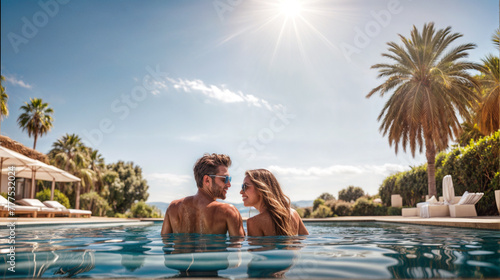 Couple in love in summer at hotel pool on honeymoon trip. Concept of resort, travel, vacation, couple time