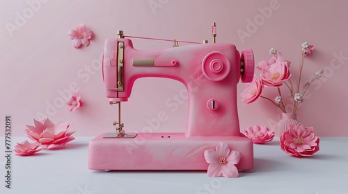 Pastel fuchsia clay sewing machine 3D craftiness on a white scene
