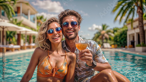 Happy couple in summer at hotel pool with cocktails wearing sunglasses. Luxury resort, travel and vacation concept