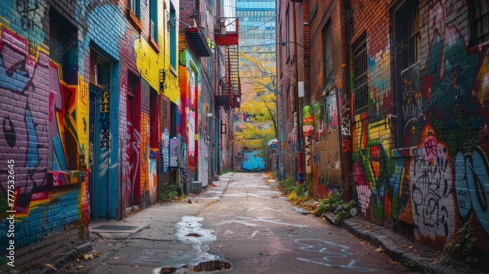 Fototapeta premium A graffiti covered alleyway with a blue door. The alleyway is narrow and has a lot of graffiti on the walls