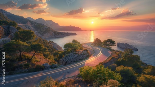 A beautiful sunset over a mountain and ocean. The sky is filled with clouds and the sun is setting. The road is winding and the trees are lush and green