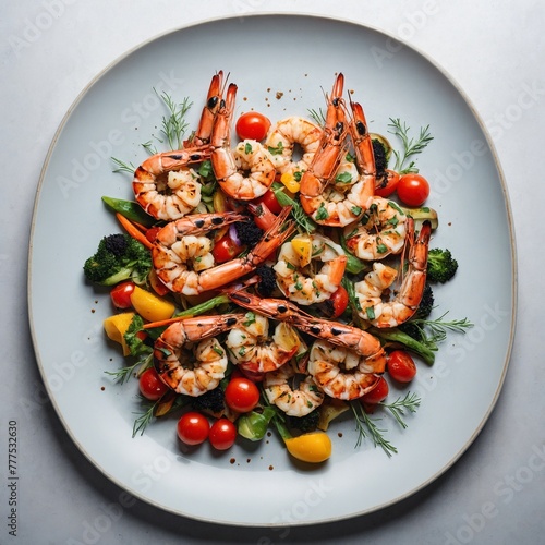 grilled prawns with vegetables on a ceramic plate