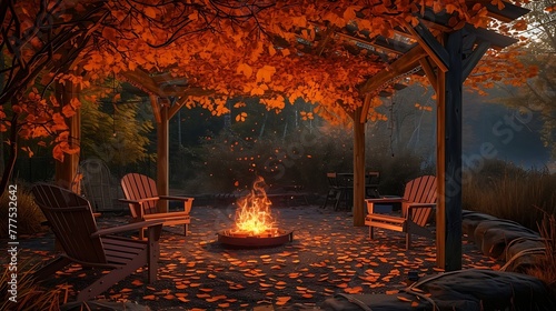 an image capturing the essence of a cozy autumn evening  complete with a glowing fire pit and comfortable Adirondack chairs under a canopy of fall leaves attractive look
