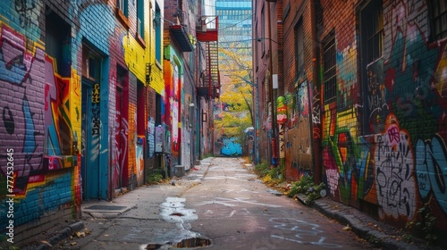 A graffiti covered alleyway with a blue door. The alleyway is narrow and has a lot of graffiti on the walls