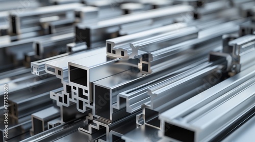 Array of aluminum extrusion profiles used in construction and manufacturing.