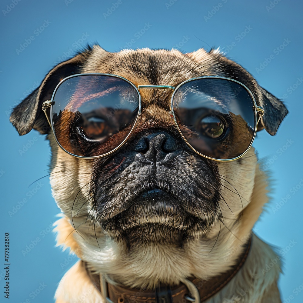 Pug in chic shades sits confidently against a sky blue background