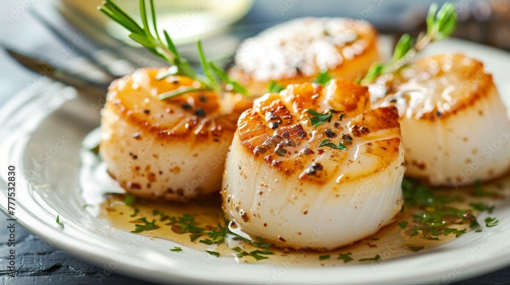 Close-up of golden seared scallops garnished with herbs on a plate