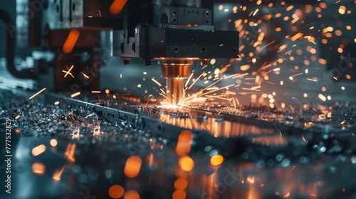 Close-up of a CNC machine with sparks flying during metalwork photo