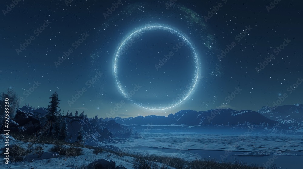 A large circle of light is floating in the sky above a snowy landscape. The scene is peaceful and serene, with the glowing circle creating a sense of wonder and awe