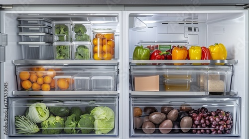 Well-organized modern refrigerator filled with fresh fruits and vegetables.