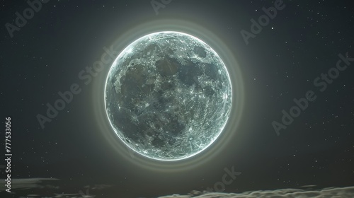 A large  glowing moon is surrounded by a bright blue circle. Concept of wonder and awe at the beauty of the night sky