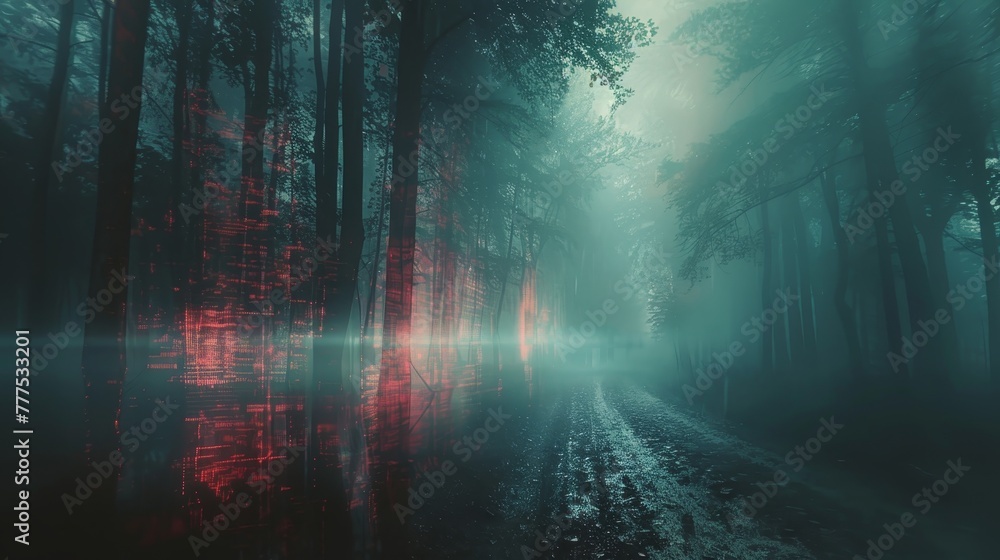 Naklejka premium A forest with a road in the middle and a reflection of the trees in the water. Scene is mysterious and serene