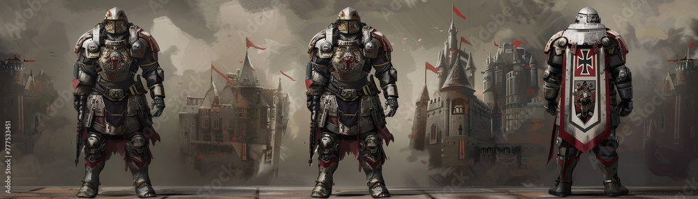 Character sheet concept image for a futuristic knight, with detailed armor, heraldry, and a castle backdrophyper realistic, low noise, low texture, futuristic style Character sheet concept image for a futuristic knight, with detailed armor, heraldry, and a castle backdrophyper realistic, low noise, low texture, futuristic style