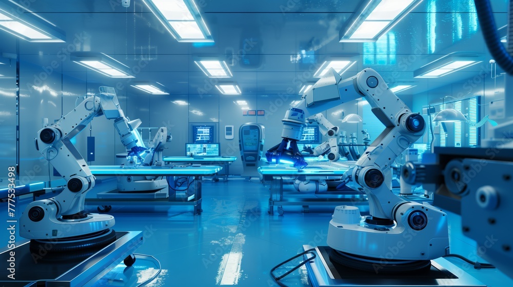 Futuristic robotic surgery room with multiple articulated arms and bright lighting
