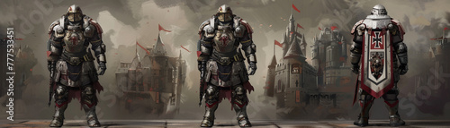 Character sheet concept image for a futuristic knight, with detailed armor, heraldry, and a castle backdrophyper realistic, low noise, low texture, futuristic style