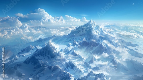 A mountain range covered in snow and clouds. The sky is blue and the sun is shining