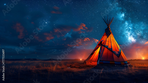 full sized in frame big native american tipi with brown Indian patterns on them, night, one side is bright with warm light, another side is darker with bluish light, Generative Ai