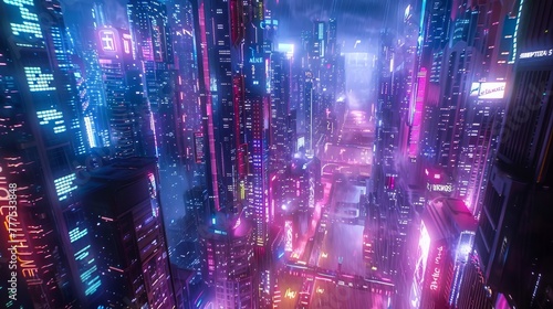 A cityscape with neon lights and a sign that says "Hollywood". Scene is futuristic and vibrant