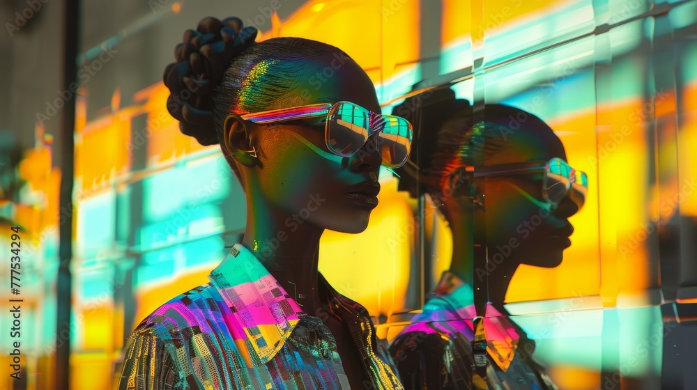 A woman is wearing a colorful outfit and sunglasses. She is standing in front of a mirror, and the reflection of her outfit is also visible in the mirror. The image has a vibrant and colorful mood A woman is wearing a colorful outfit and sunglasses. She is standing in front of a mirror, and the reflection of her outfit is also visible in the mirror. The image has a vibrant and colorful mood