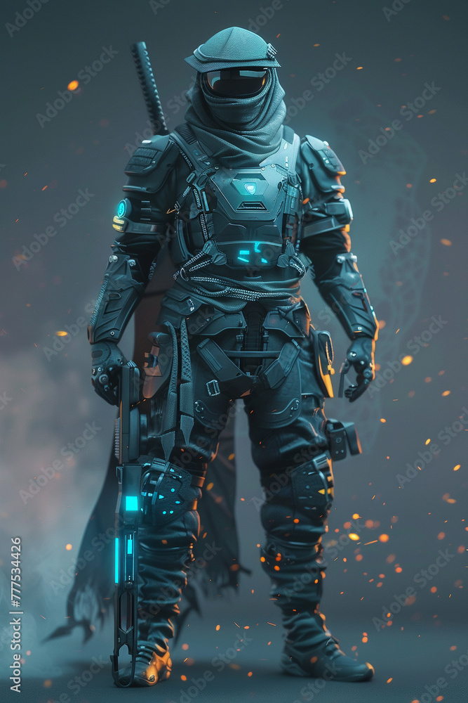 Character sheet concept image showcasing a futuristic warrior with detailed armor design, weapon loadout, and cybernetic enhancementshyper realistic, low noise, low texture, futuristic style Character sheet concept image showcasing a futuristic warrior with detailed armor design, weapon loadout, and cybernetic enhancementshyper realistic, low noise, low texture, futuristic style