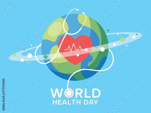 World health day concept, 7 April, background vector. Hand drawn comic doodle style of earth, heart, stethoscope. Design for web, banner, campaign, social media post.