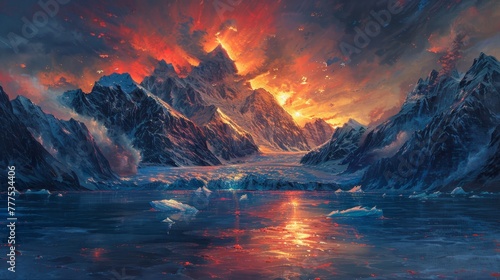 A painting of a mountain range with a large body of water in the foreground. The sky is orange and the mountains are covered in snow. The painting evokes a sense of awe
