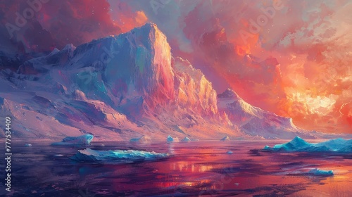 A painting of a mountain range with a pink and orange sky. The mountains are covered in snow and ice, and the sky is filled with clouds. The painting evokes a sense of awe photo
