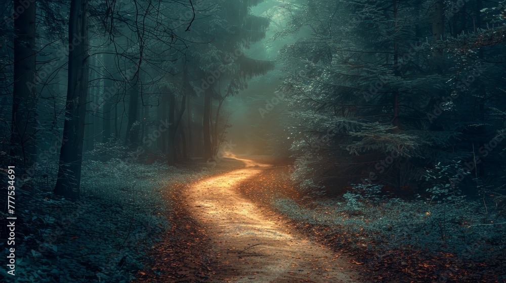 A forest path is lit by the sun, creating a warm and inviting atmosphere. The trees are tall and dense, providing a sense of seclusion and mystery. The path is lined with fallen leaves