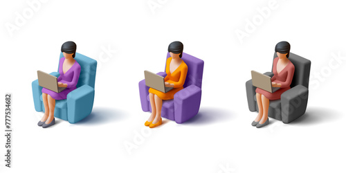 Set of multi-colored business women working on a laptop in a soft chair. For the concepts of work, business, online communication. Vector