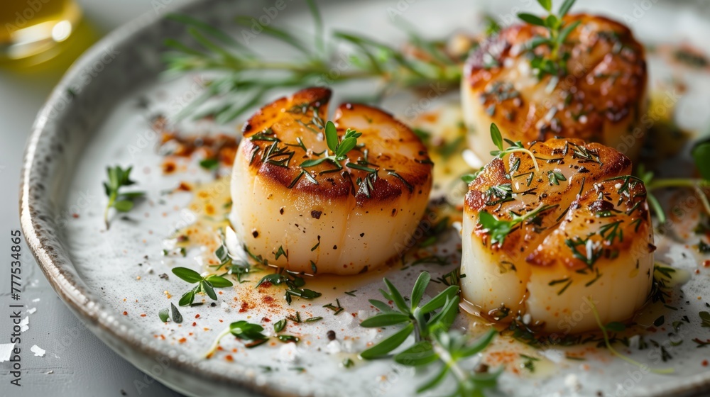 Seared scallops with herbs on a ceramic plate, close-up view. Seared scallops with herbs on a ceramic plate, close-up view.